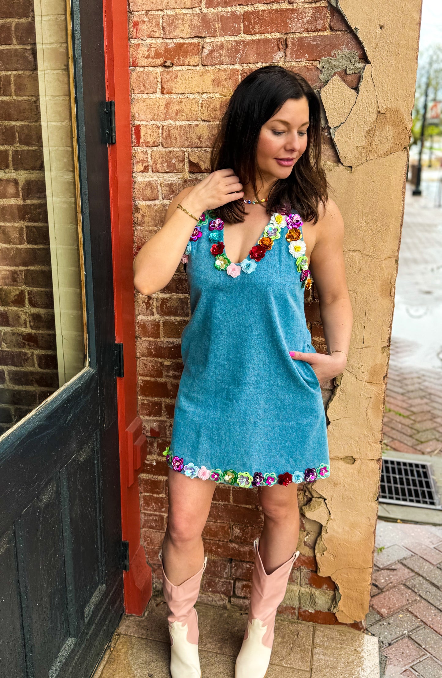 Floral Trim Denim Tank Dress