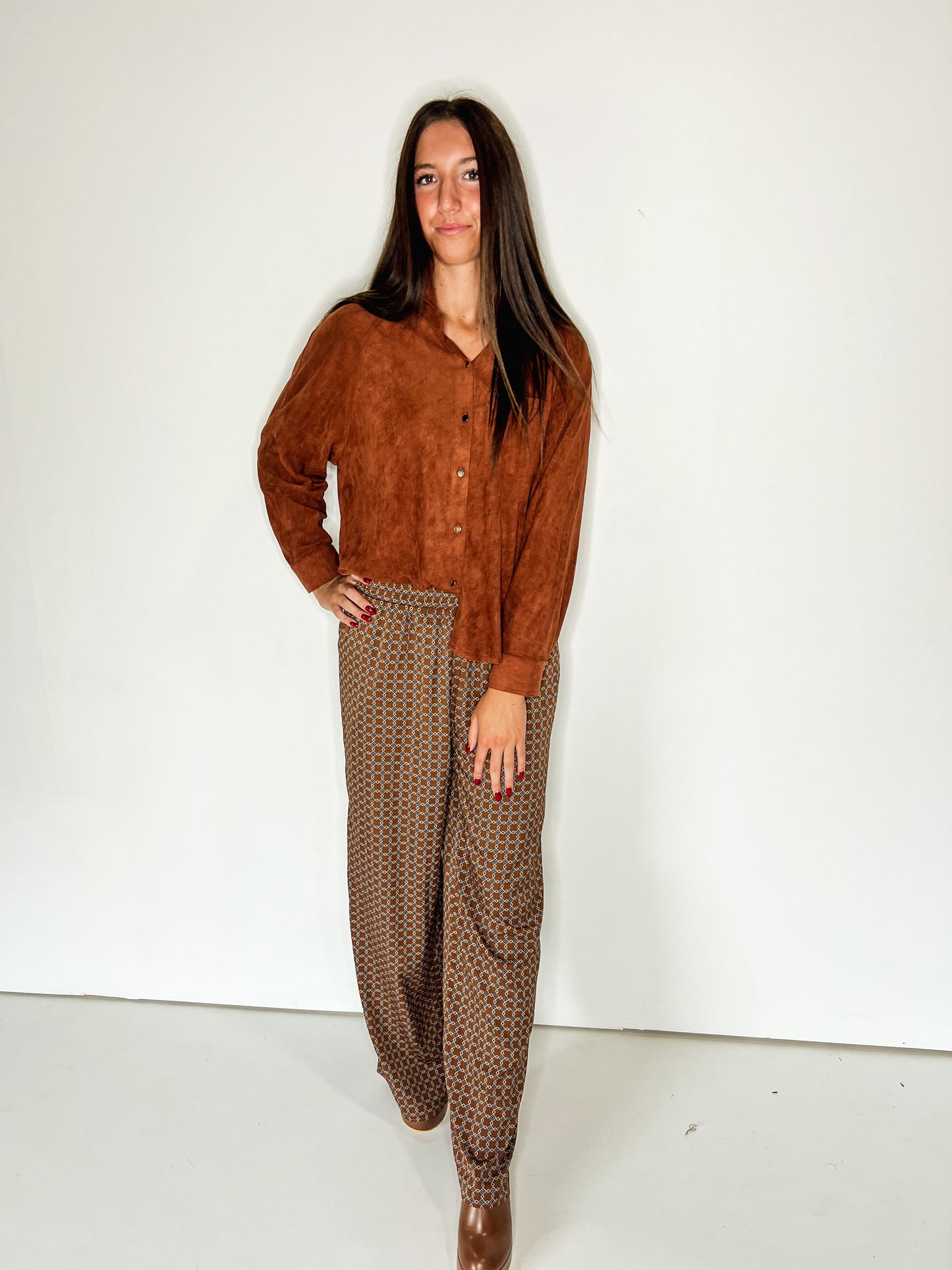 Brown Retro Print Trousers