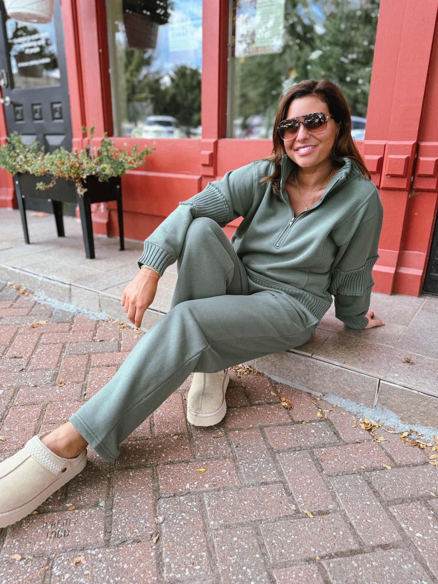 Olive Ribbed Fleece Quarter Zip