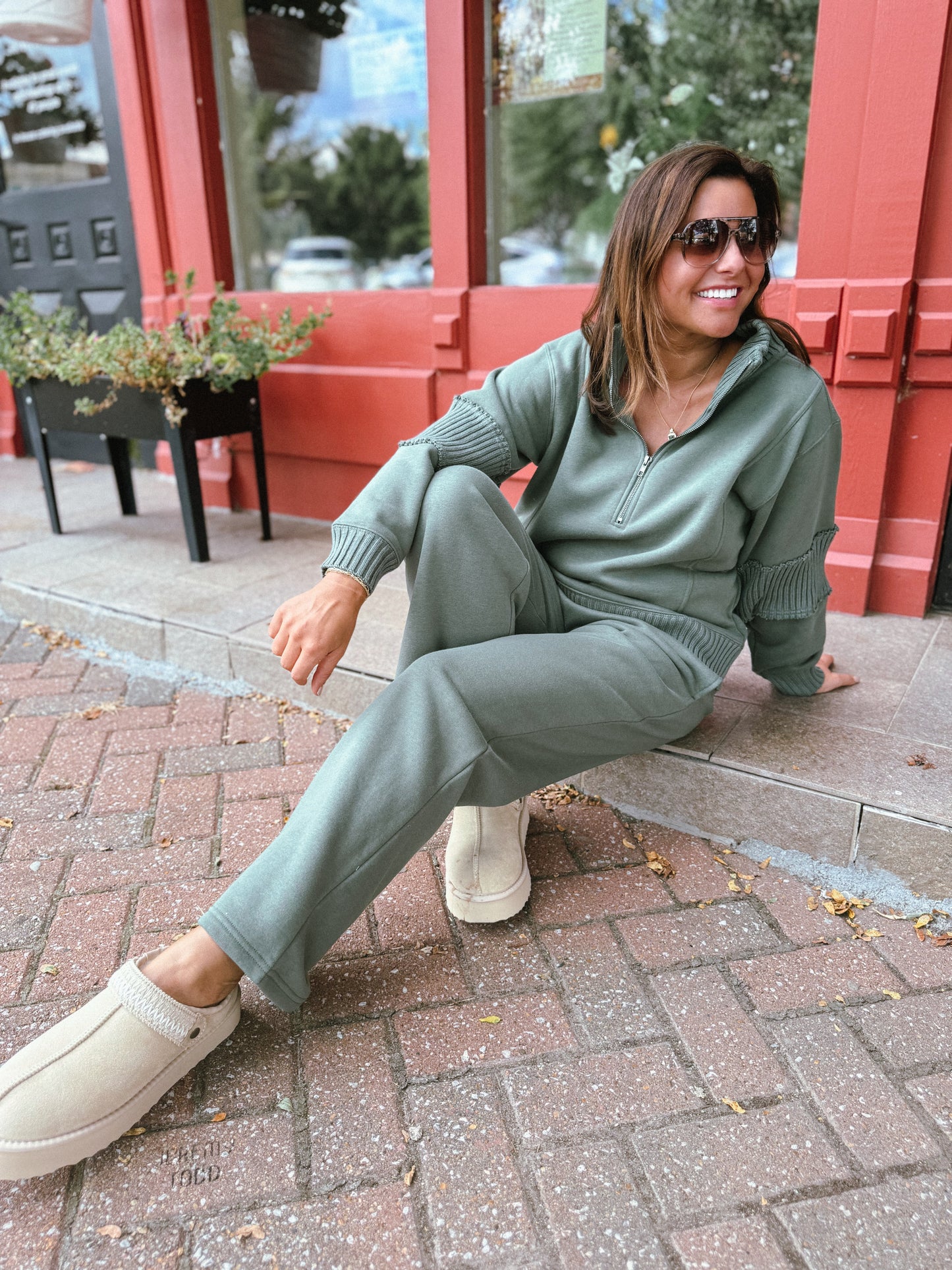 Olive Ribbed Fleece Quarter Zip