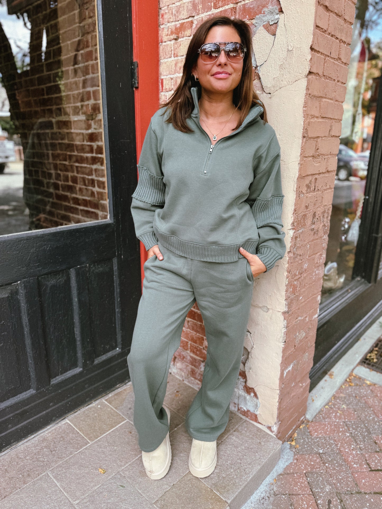 Olive Ribbed Fleece Quarter Zip