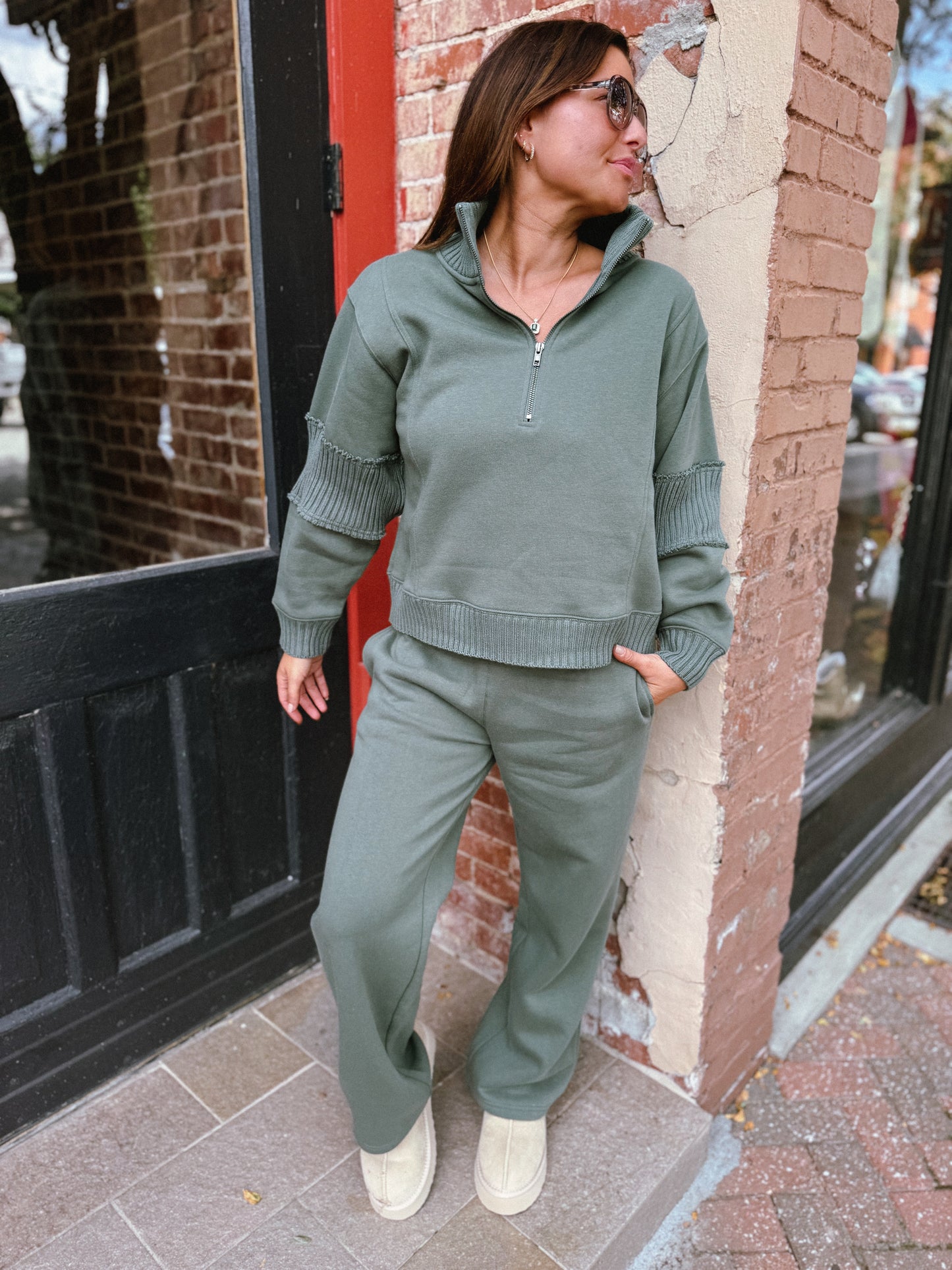 Olive Ribbed Fleece Quarter Zip