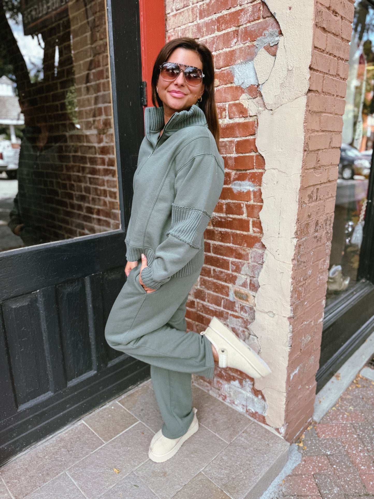 Olive Ribbed Fleece Quarter Zip