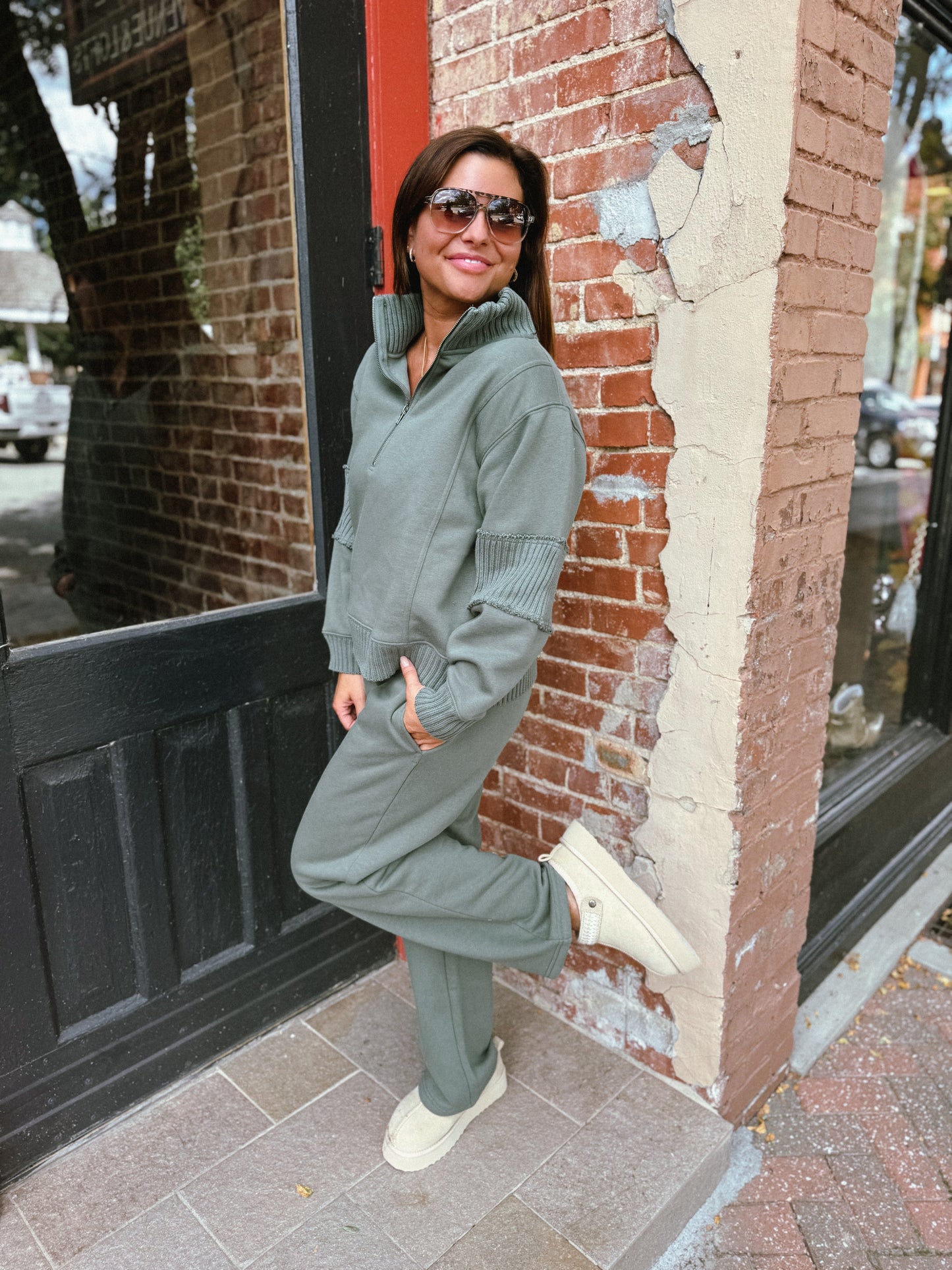 Olive Ribbed Fleece Quarter Zip