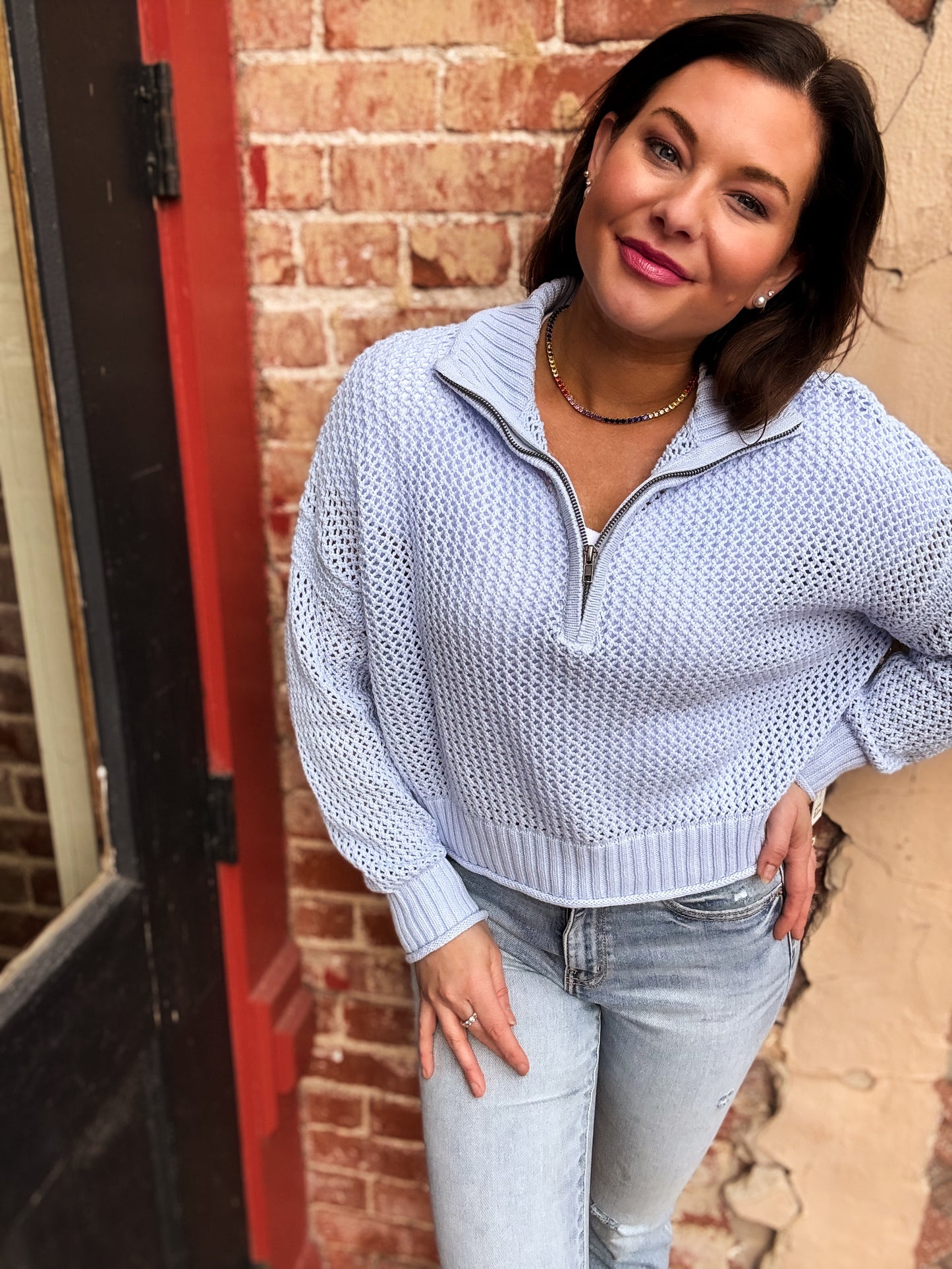 Light Blue Open Knit Quarter Zip Sweater