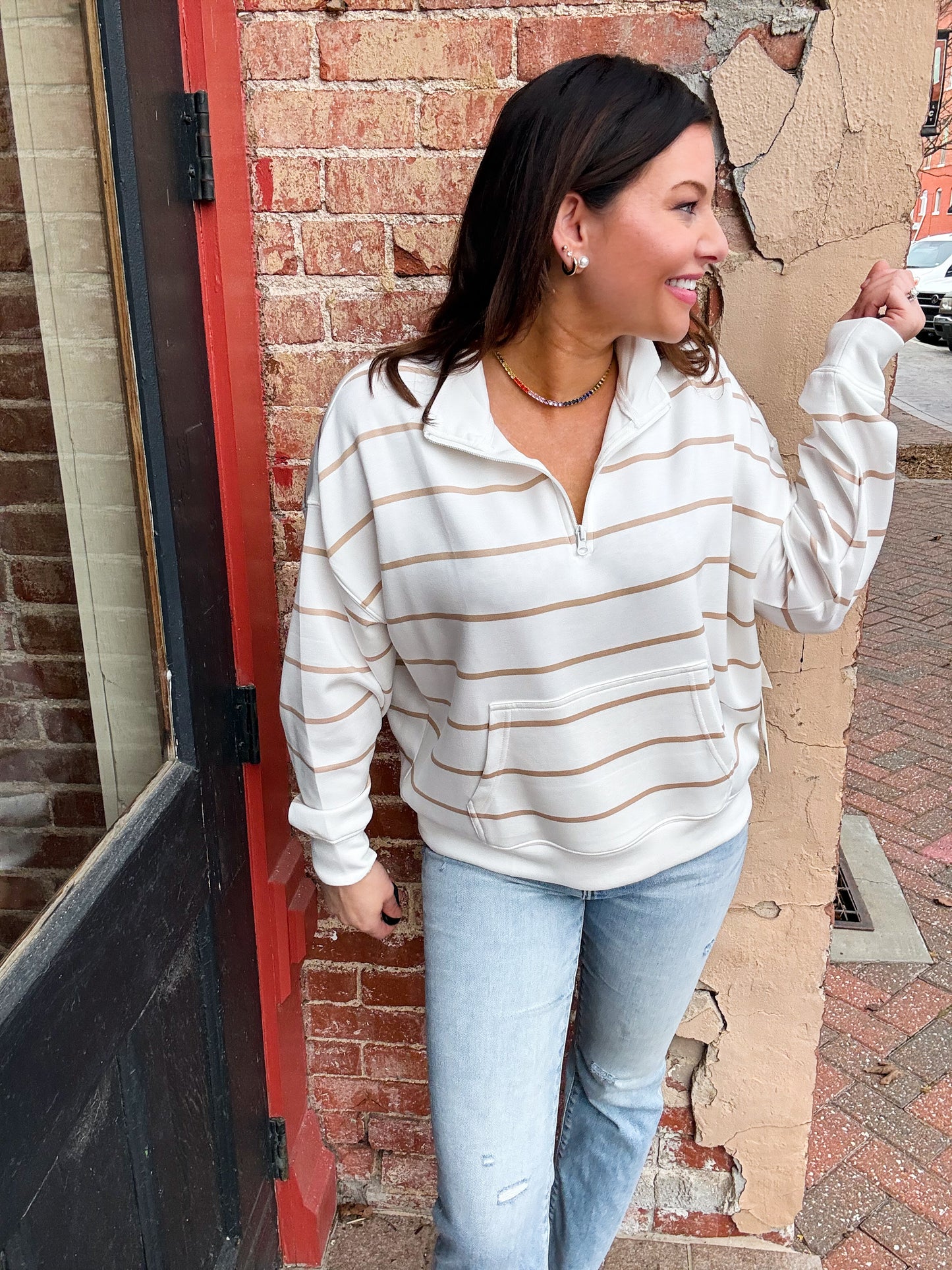Bright Ivory & Nude Stripe Cloud Quarter Zip