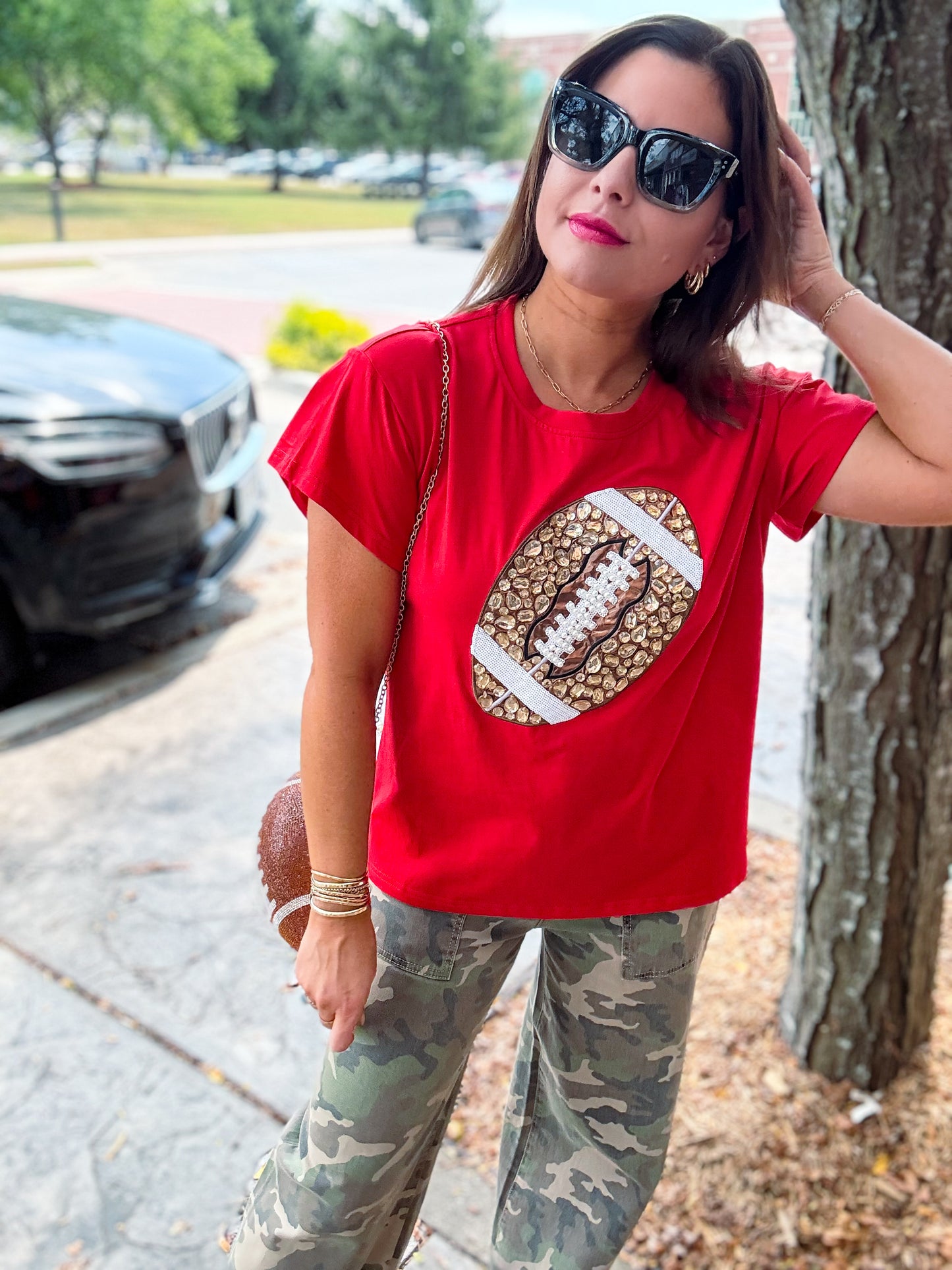 Queen of Sparkles Red Jeweled Football Tee