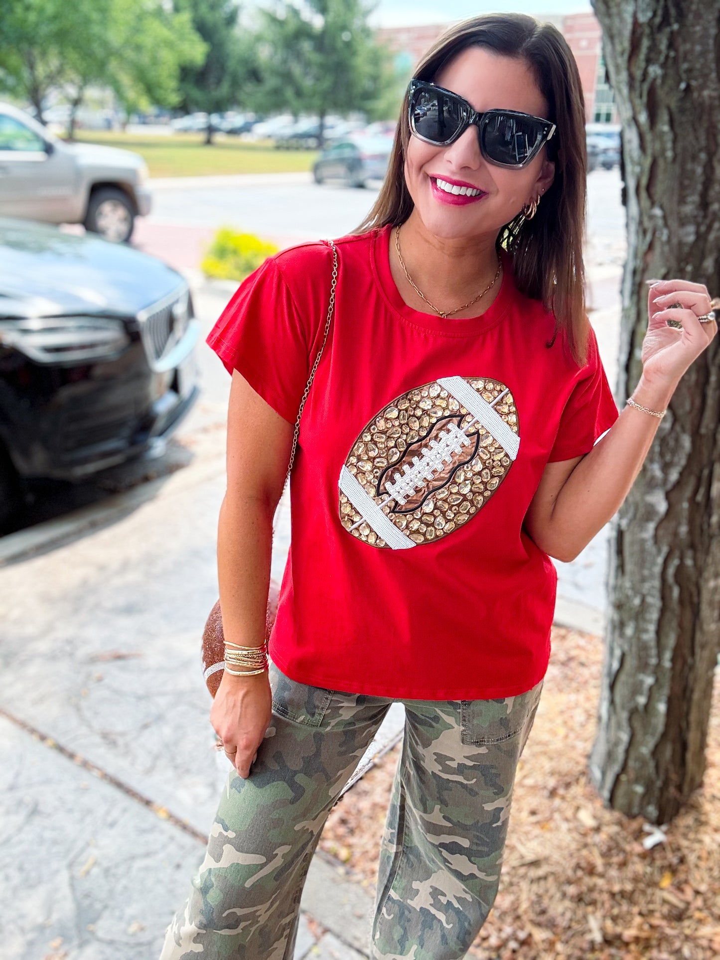 Queen of Sparkles Red Jeweled Football Tee