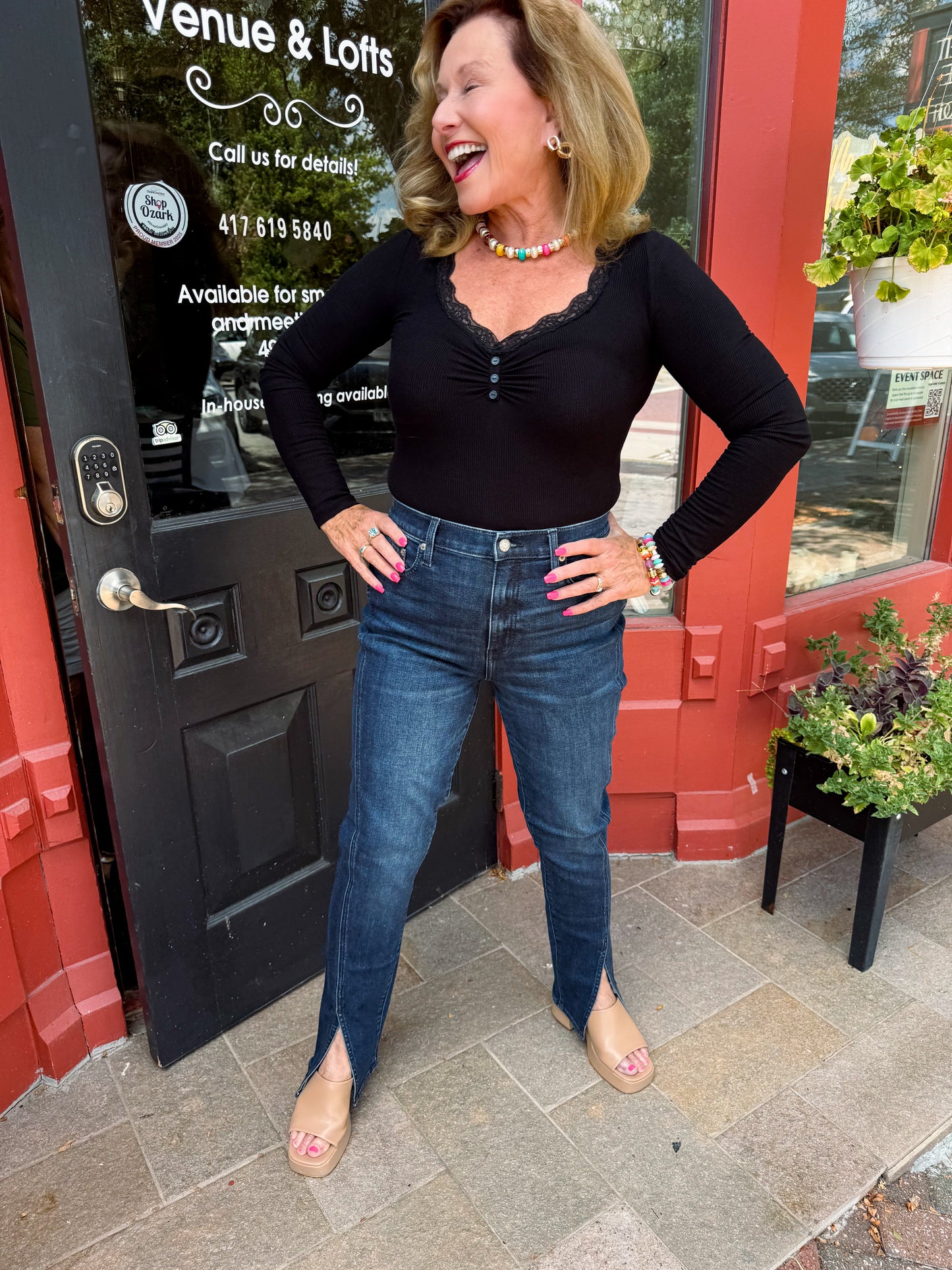 Lace Trim Button Detail Long Sleeve Top