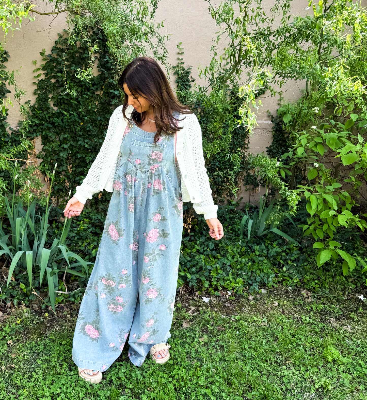 Flower Print Washed Denim Wide Leg Overalls