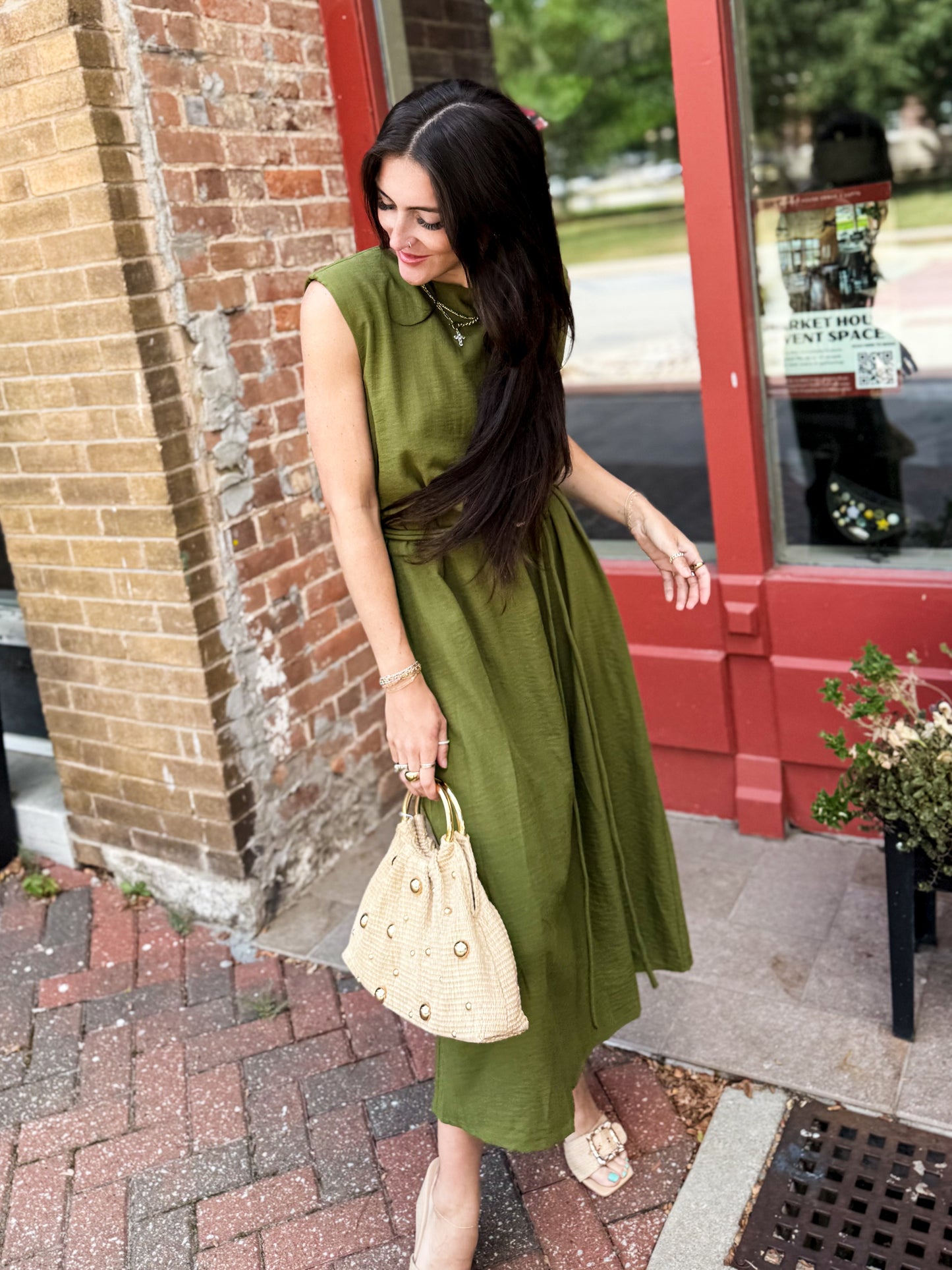 Sage Belted Midi Dress