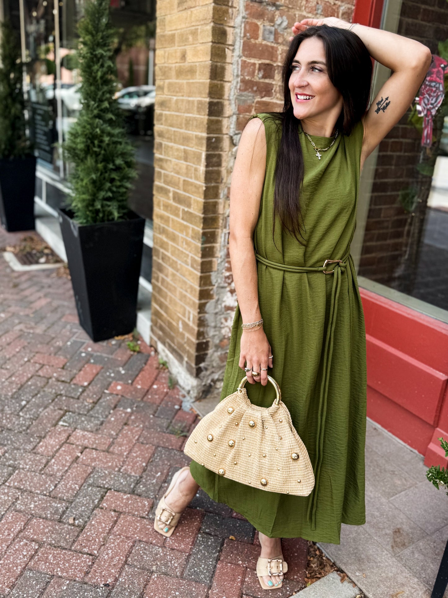 Sage Belted Midi Dress