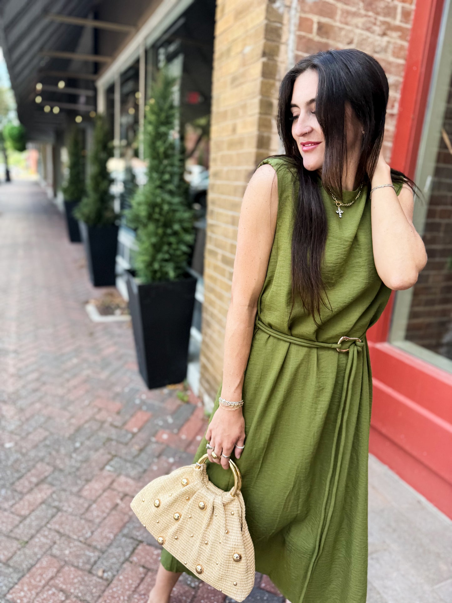 Sage Belted Midi Dress