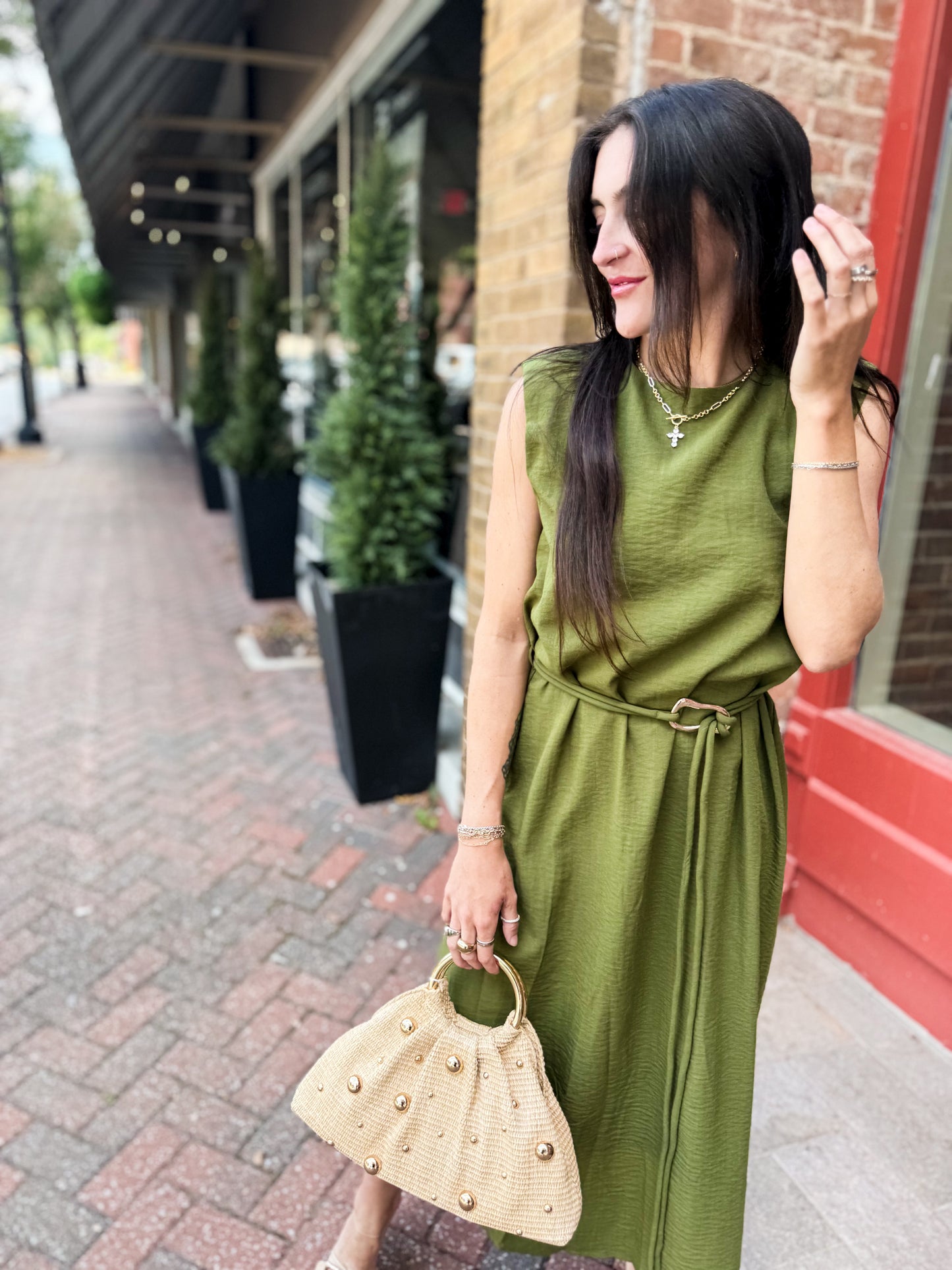 Sage Belted Midi Dress