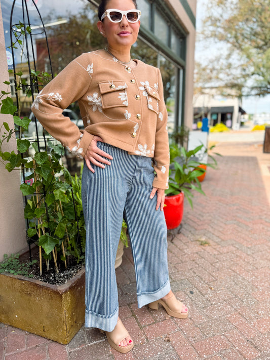 Denim Pinstripe Wide Cuff Pants