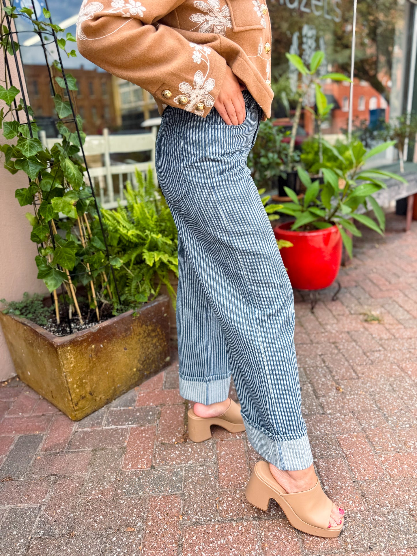 Denim Pinstripe Wide Cuff Pants