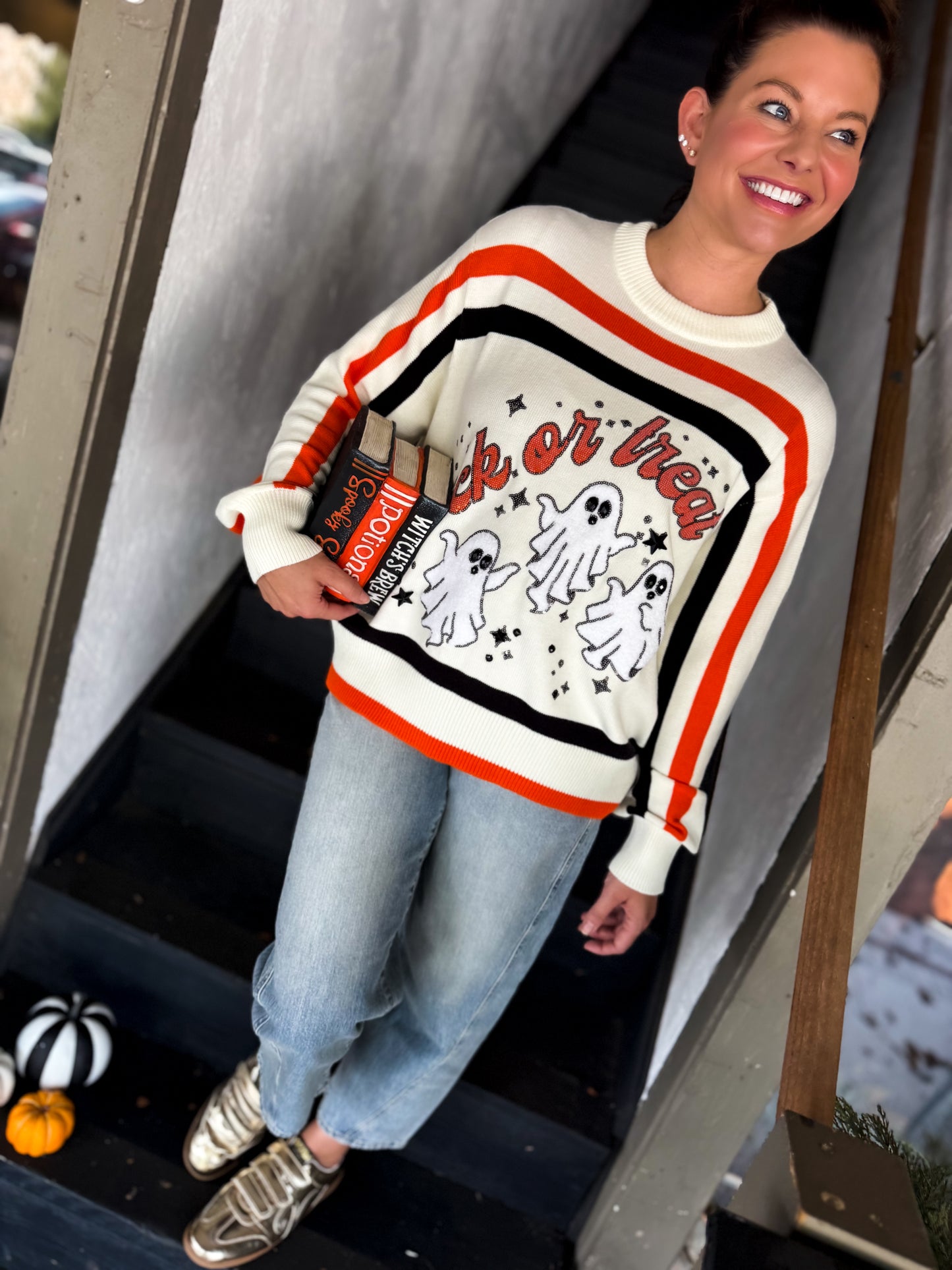 Queen of Sparkles Trick or Treat Stipe Sweater