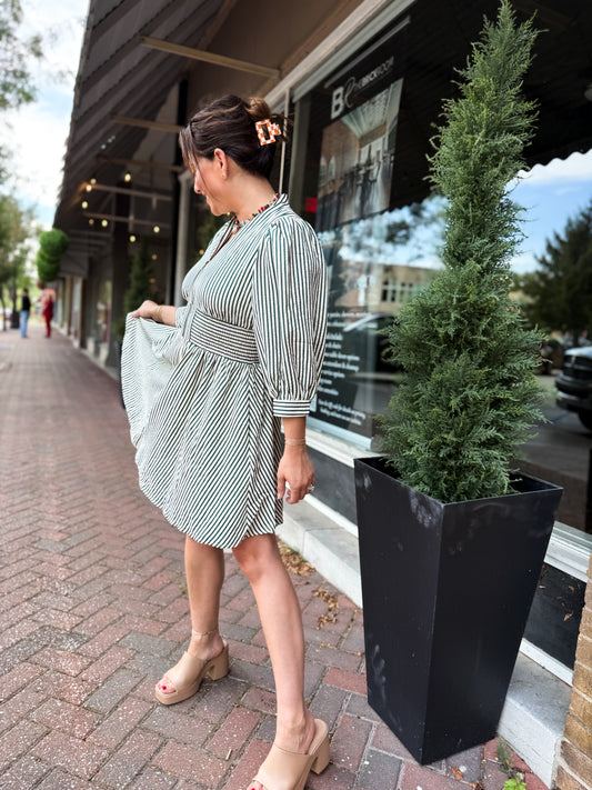 Evergreen Pinstripe Mini Dress