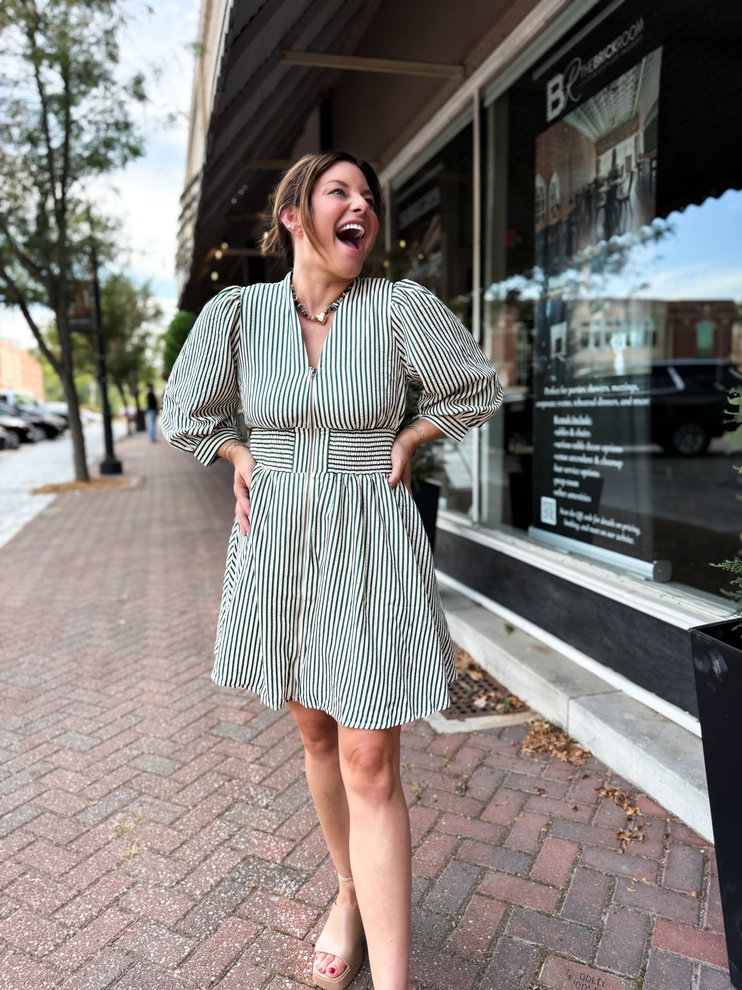 Evergreen Pinstripe Mini Dress