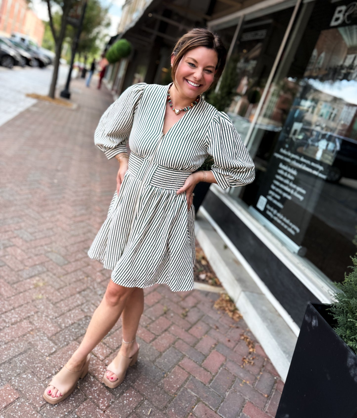 Evergreen Pinstripe Mini Dress