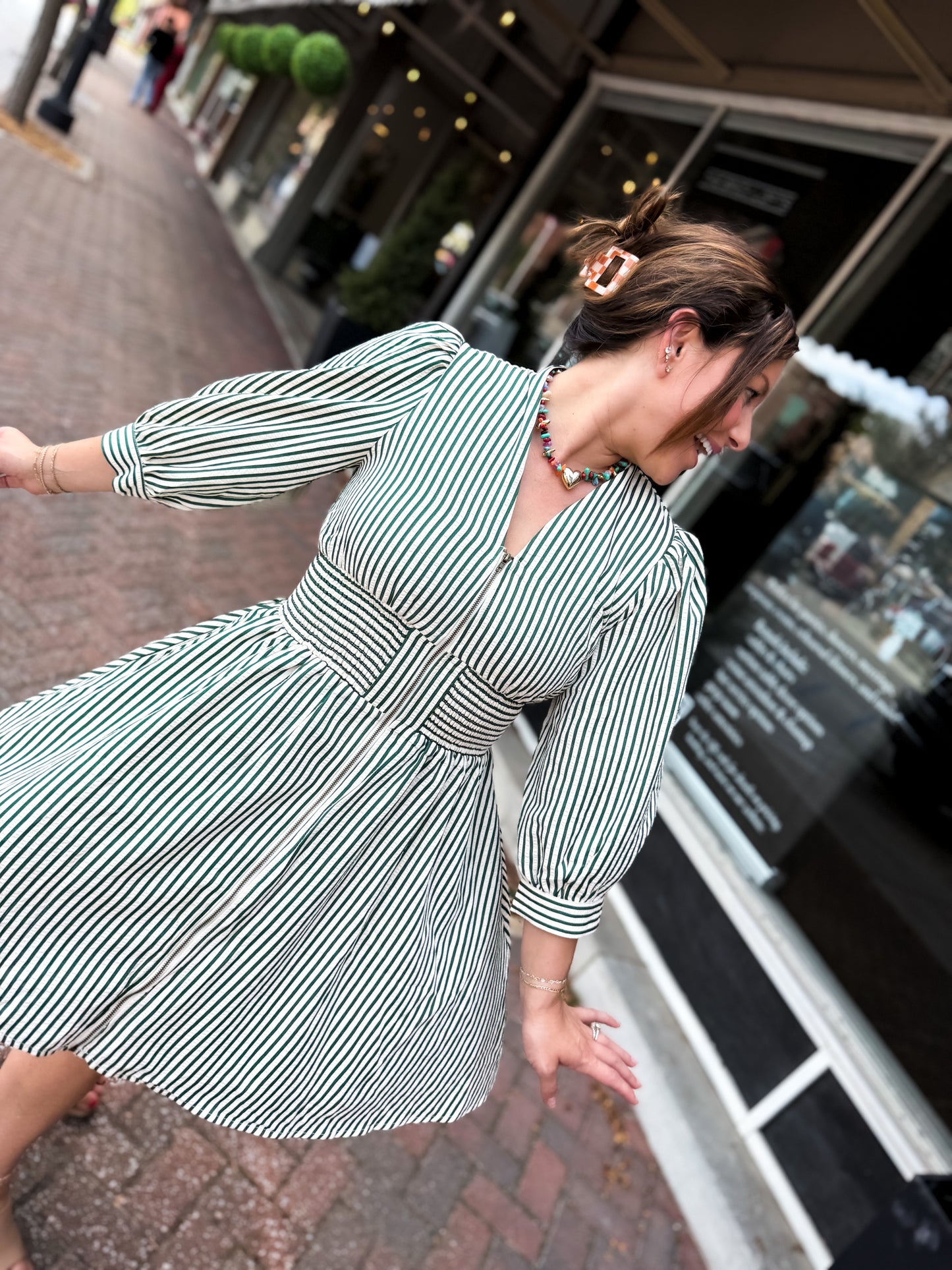 Evergreen Pinstripe Mini Dress
