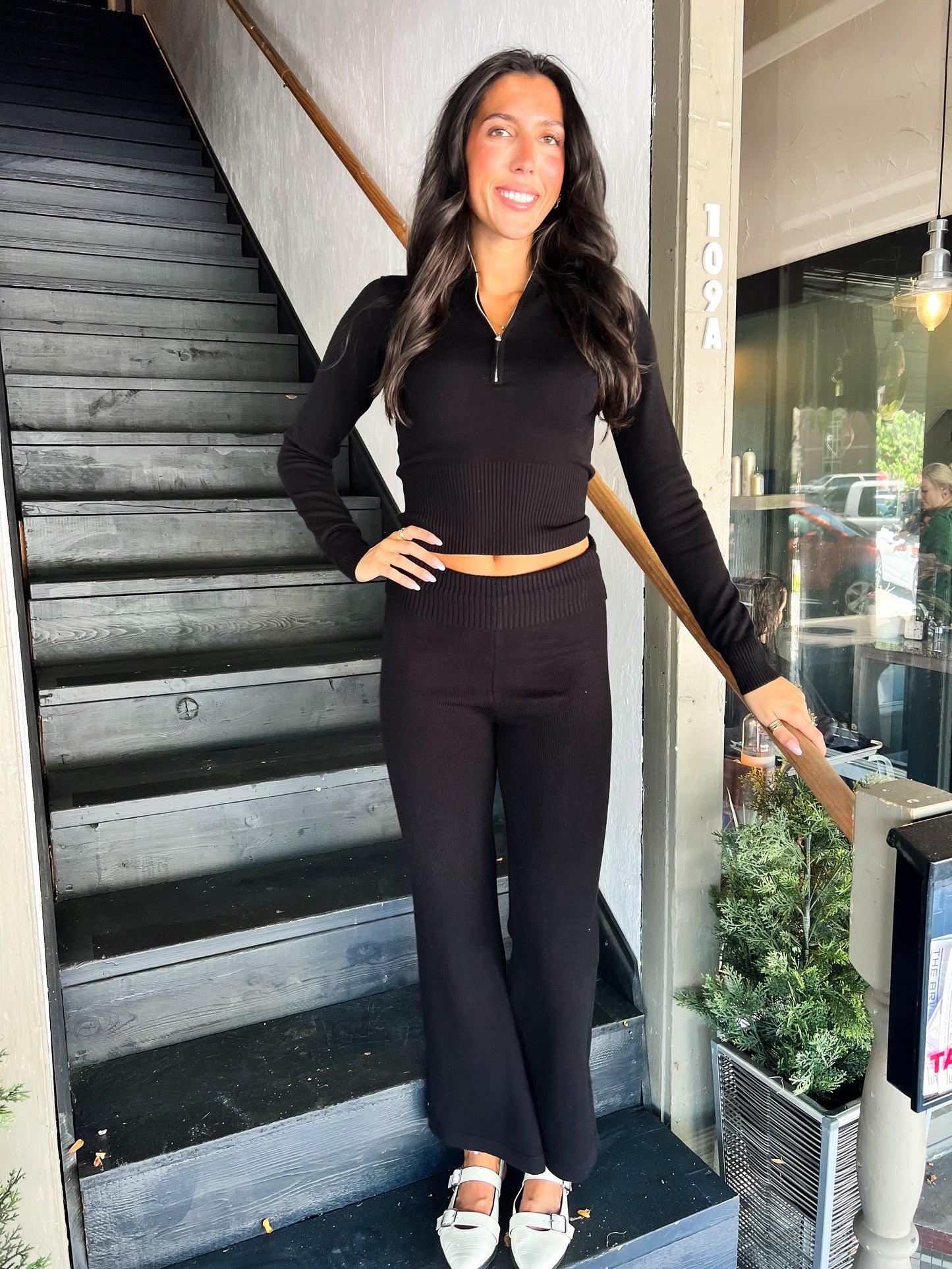 Black Knit Fold Over Flare Pant