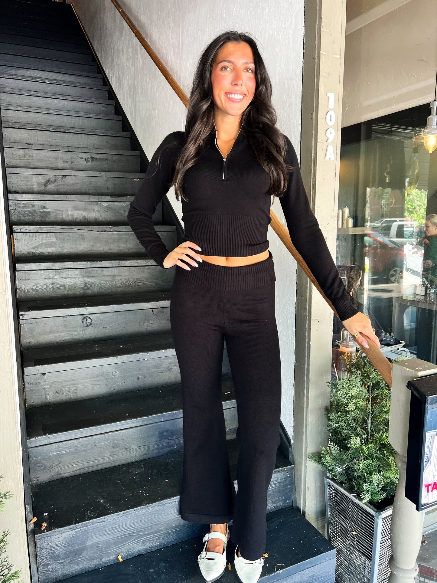 Black Knit Fold Over Flare Pant