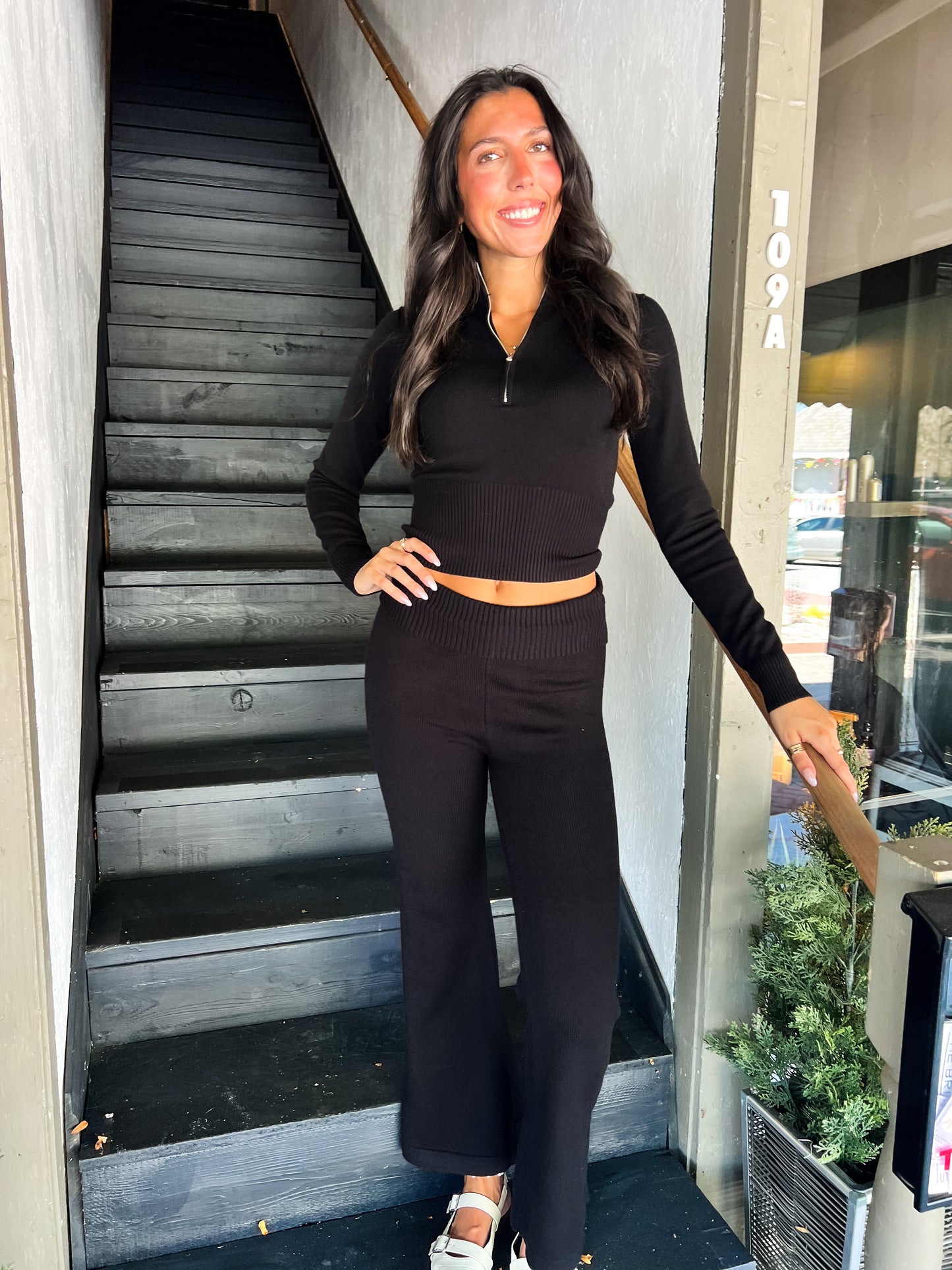 Black Knit Fold Over Flare Pant