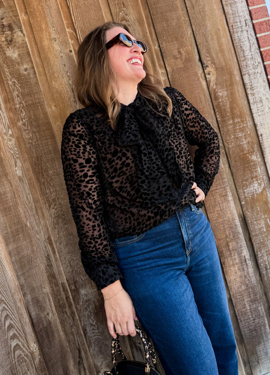 Leopard Burnout Velvet Button Down Bow Blouse