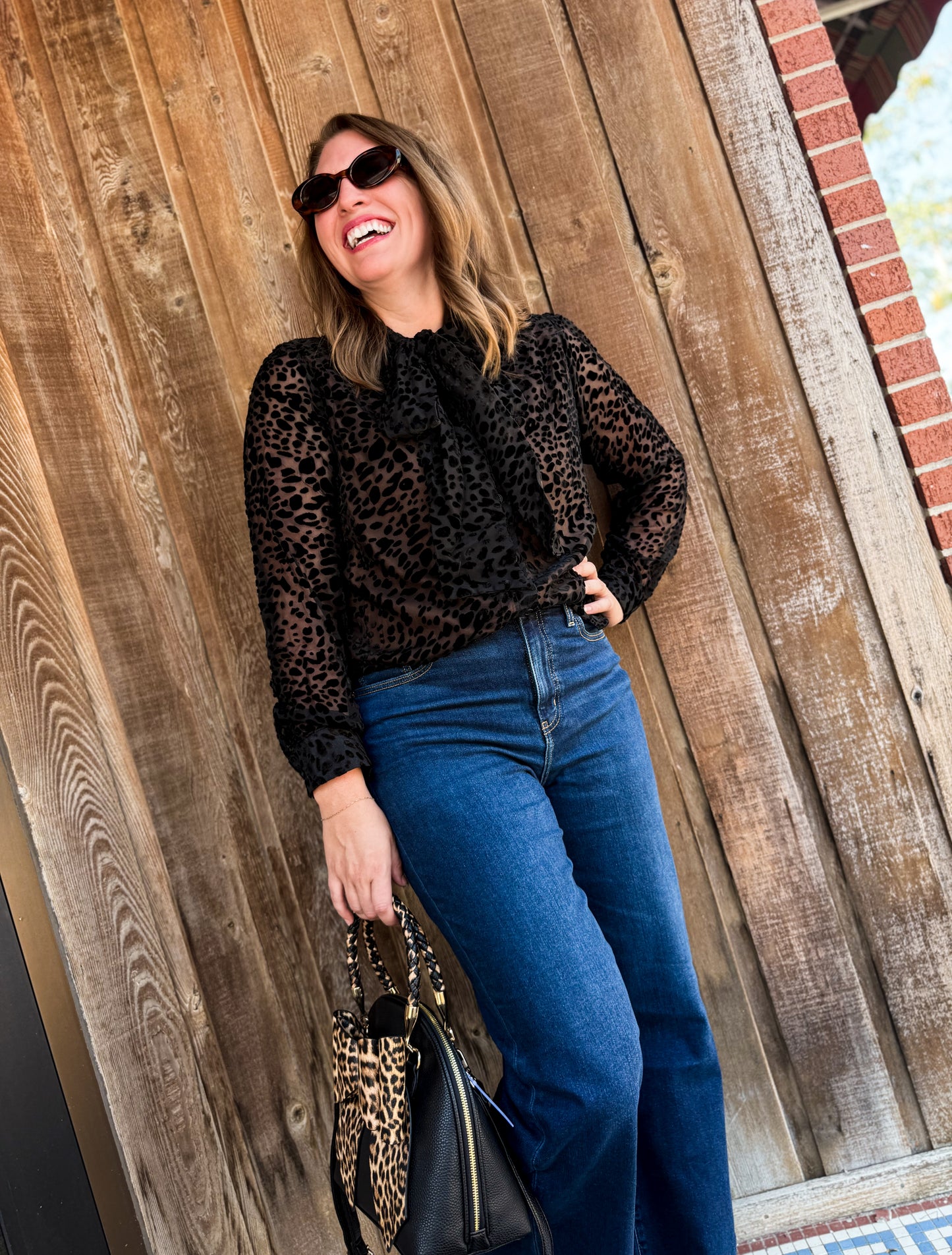 Leopard Burnout Velvet Button Down Bow Blouse