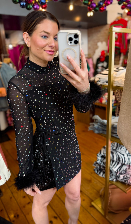 Black Feather Sleeve Multi Rhinestone Sequin Short Romper