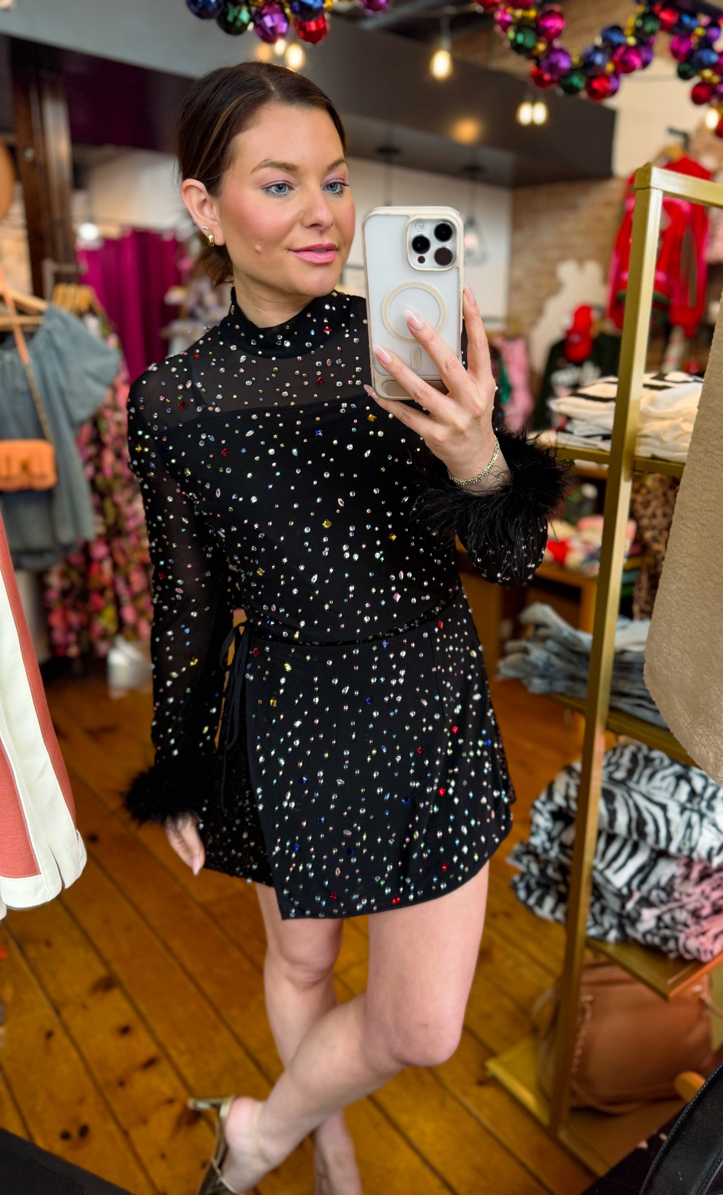 Black Feather Sleeve Multi Rhinestone Sequin Short Romper