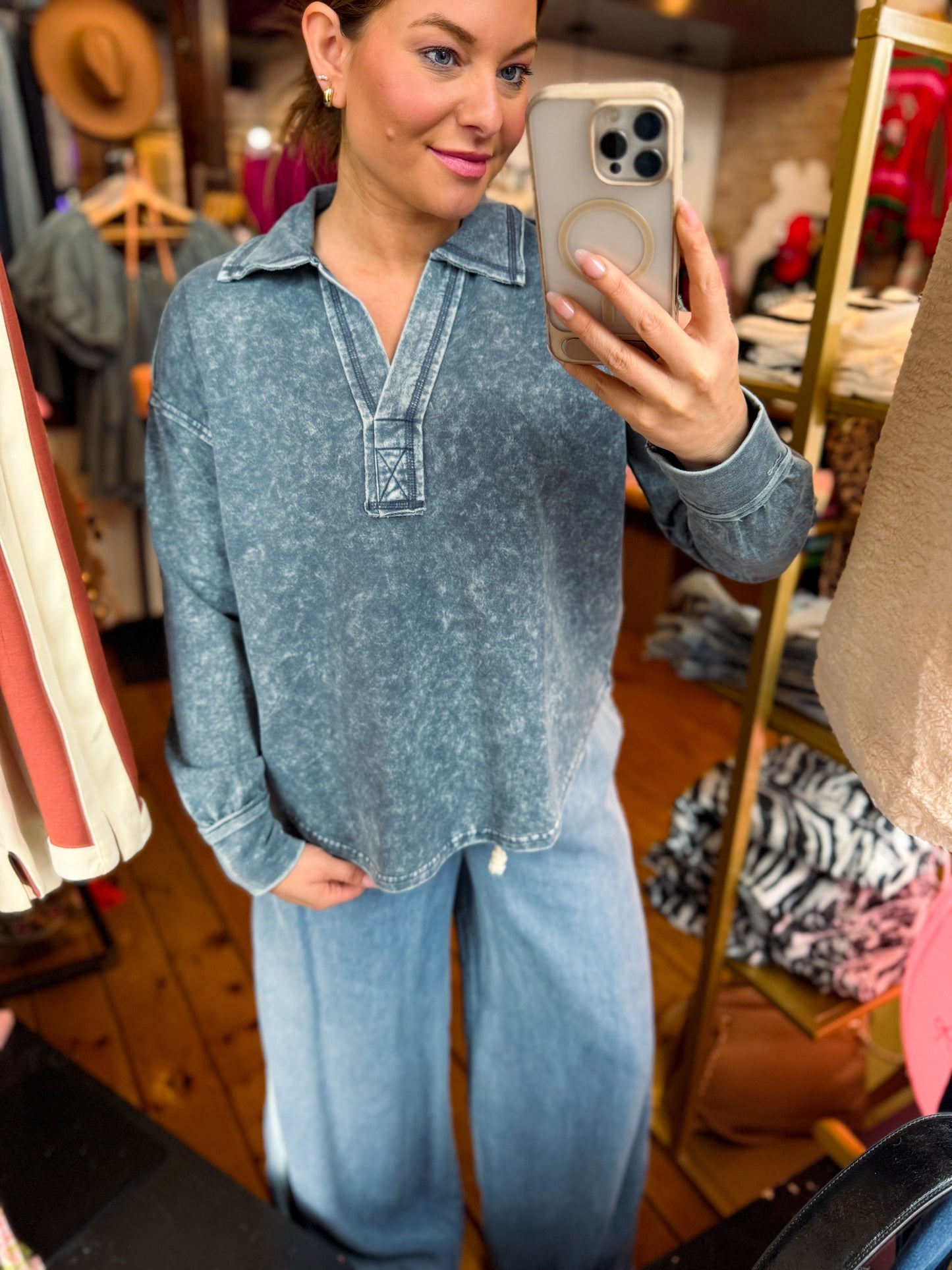 Washed Denim Collared Long Sleeve Knit Top