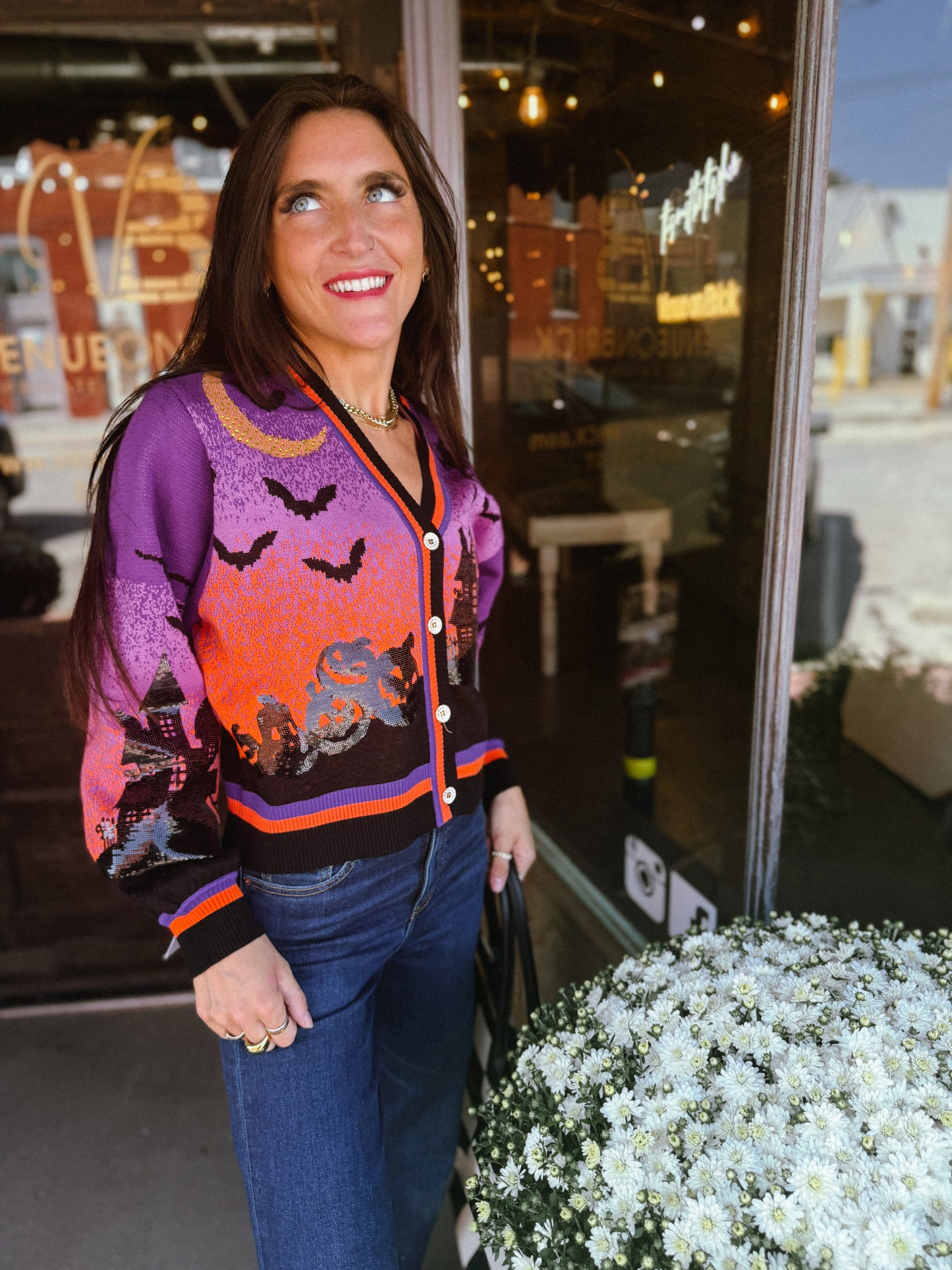 Queen of Sparkles Purple Halloween Scene Cardigan
