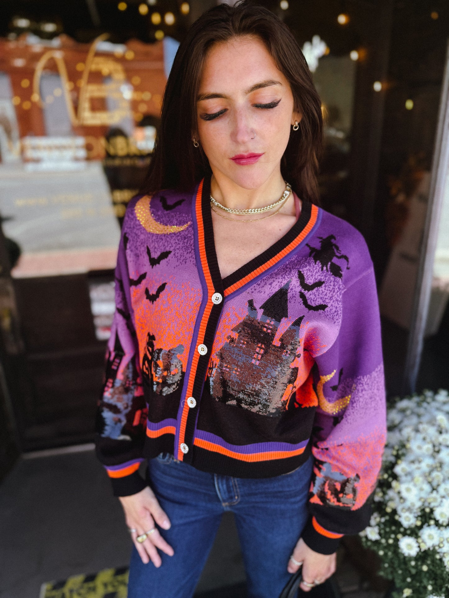 Queen of Sparkles Purple Halloween Scene Cardigan