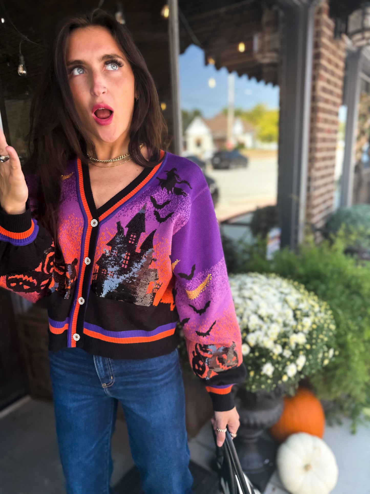 Queen of Sparkles Purple Halloween Scene Cardigan