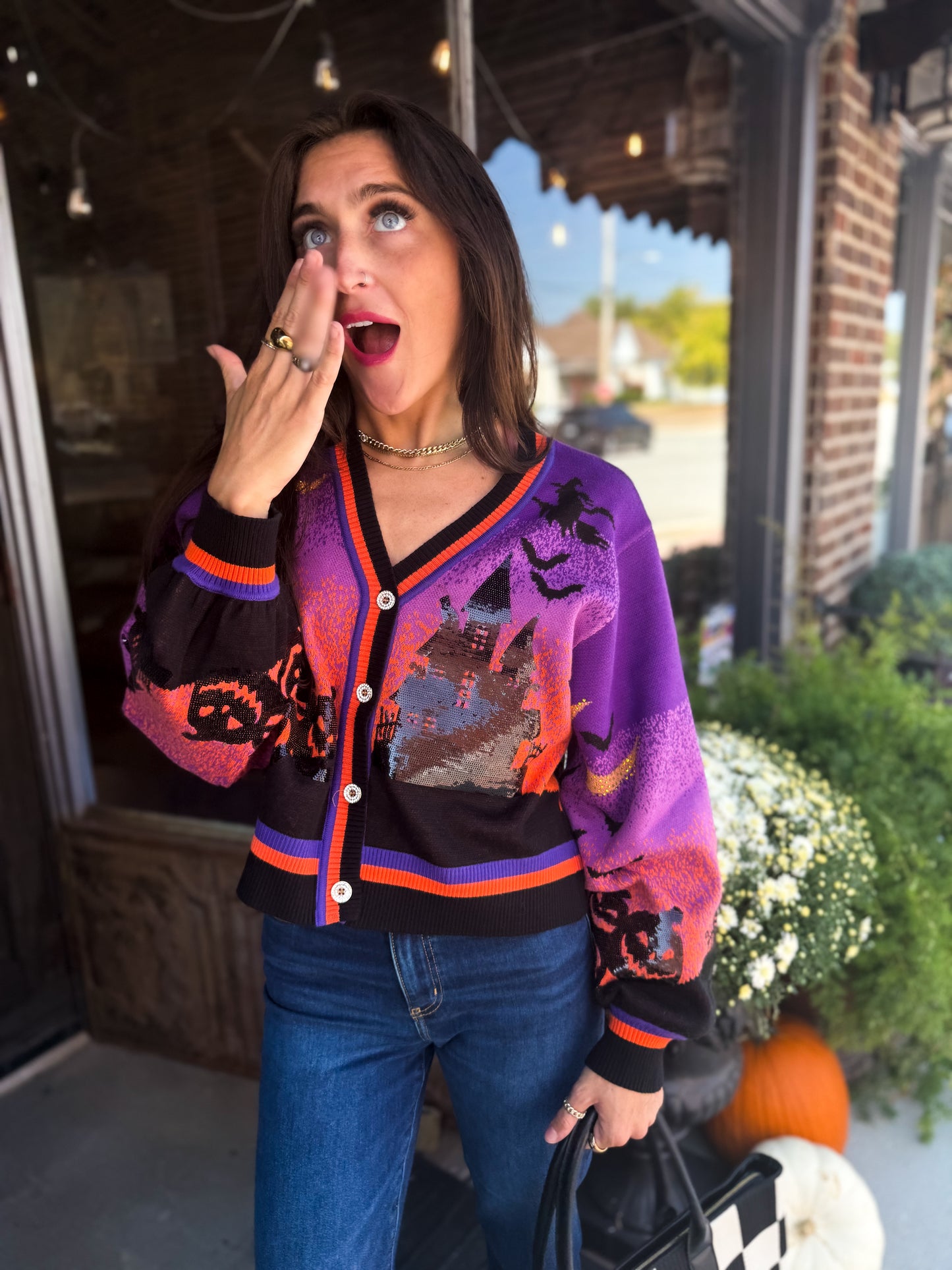Queen of Sparkles Purple Halloween Scene Cardigan