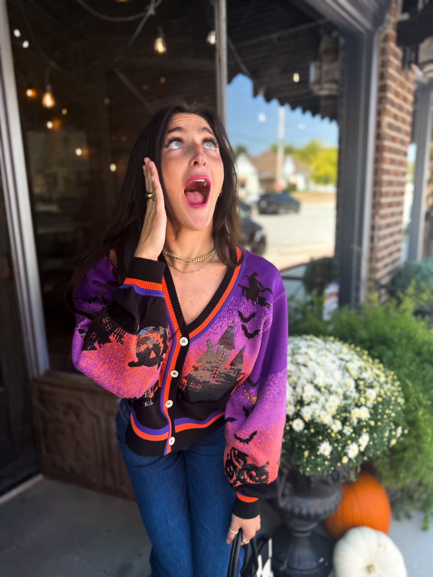 Queen of Sparkles Purple Halloween Scene Cardigan