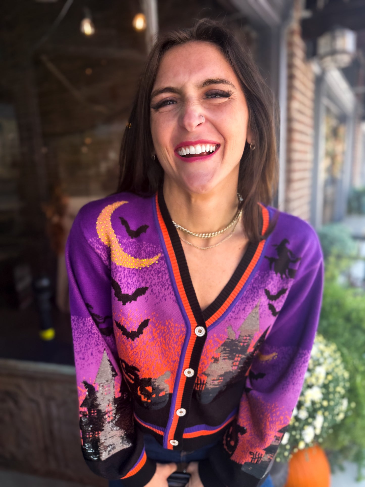 Queen of Sparkles Purple Halloween Scene Cardigan