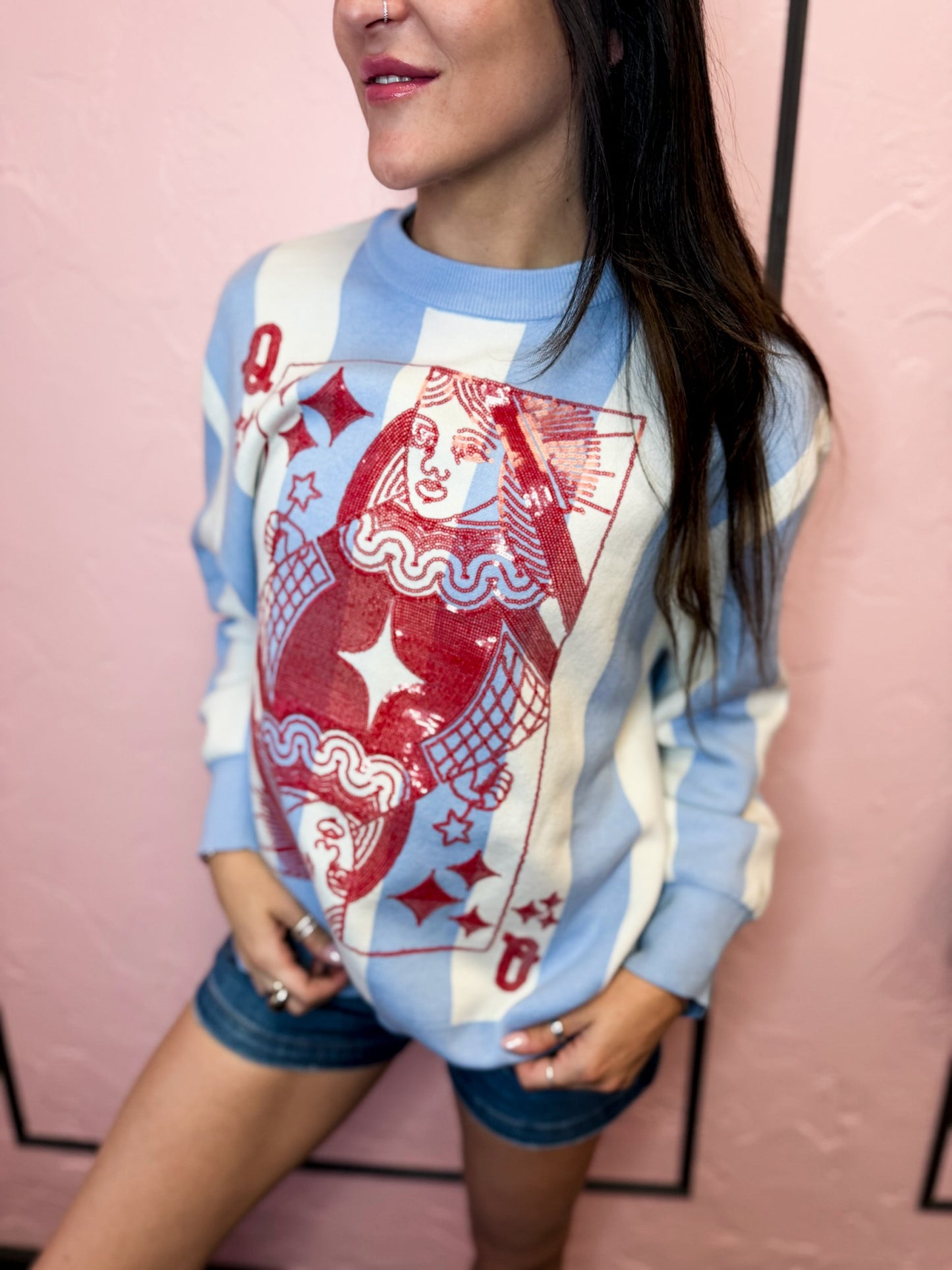 Blue, White & Red Striped QOS Card Logo Sweater