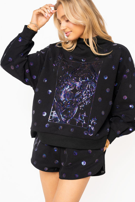 Black Polka Dot QOS Card Mock Neck Sweatshirt