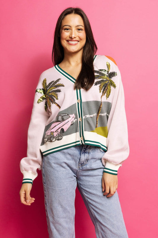 Pink Vintage Car Palm Tree Cardigan