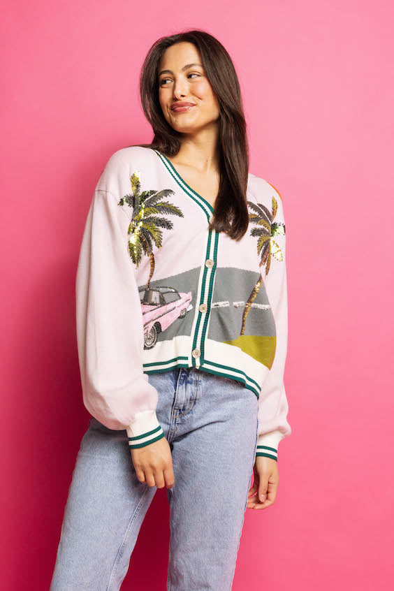 Pink Vintage Car Palm Tree Cardigan