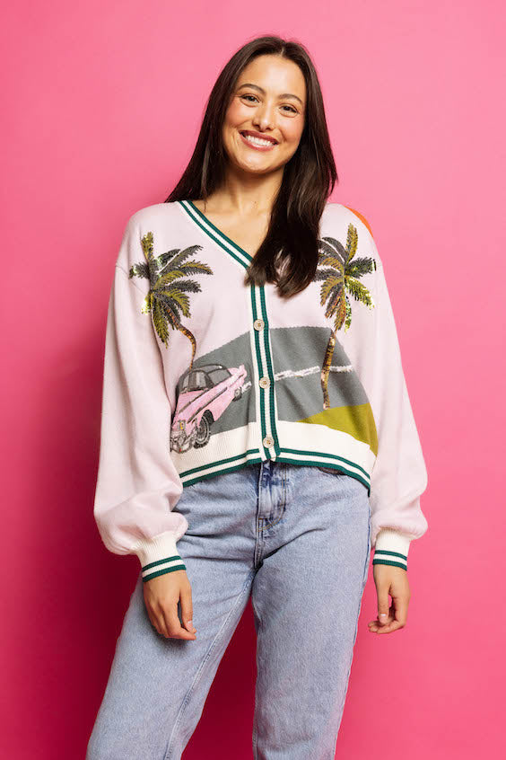 Pink Vintage Car Palm Tree Cardigan