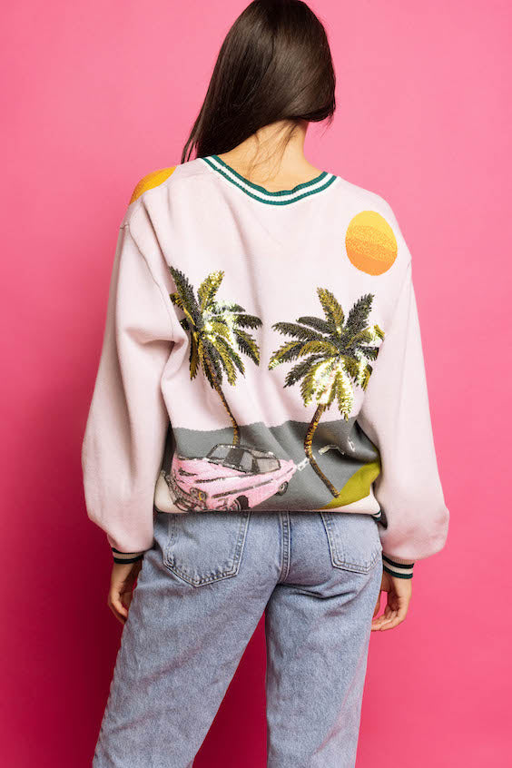 Pink Vintage Car Palm Tree Cardigan
