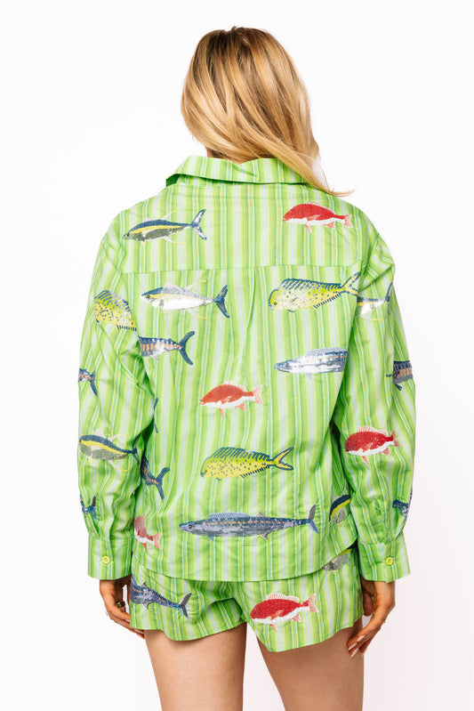 Green Striped Multi Fish Button Up Top