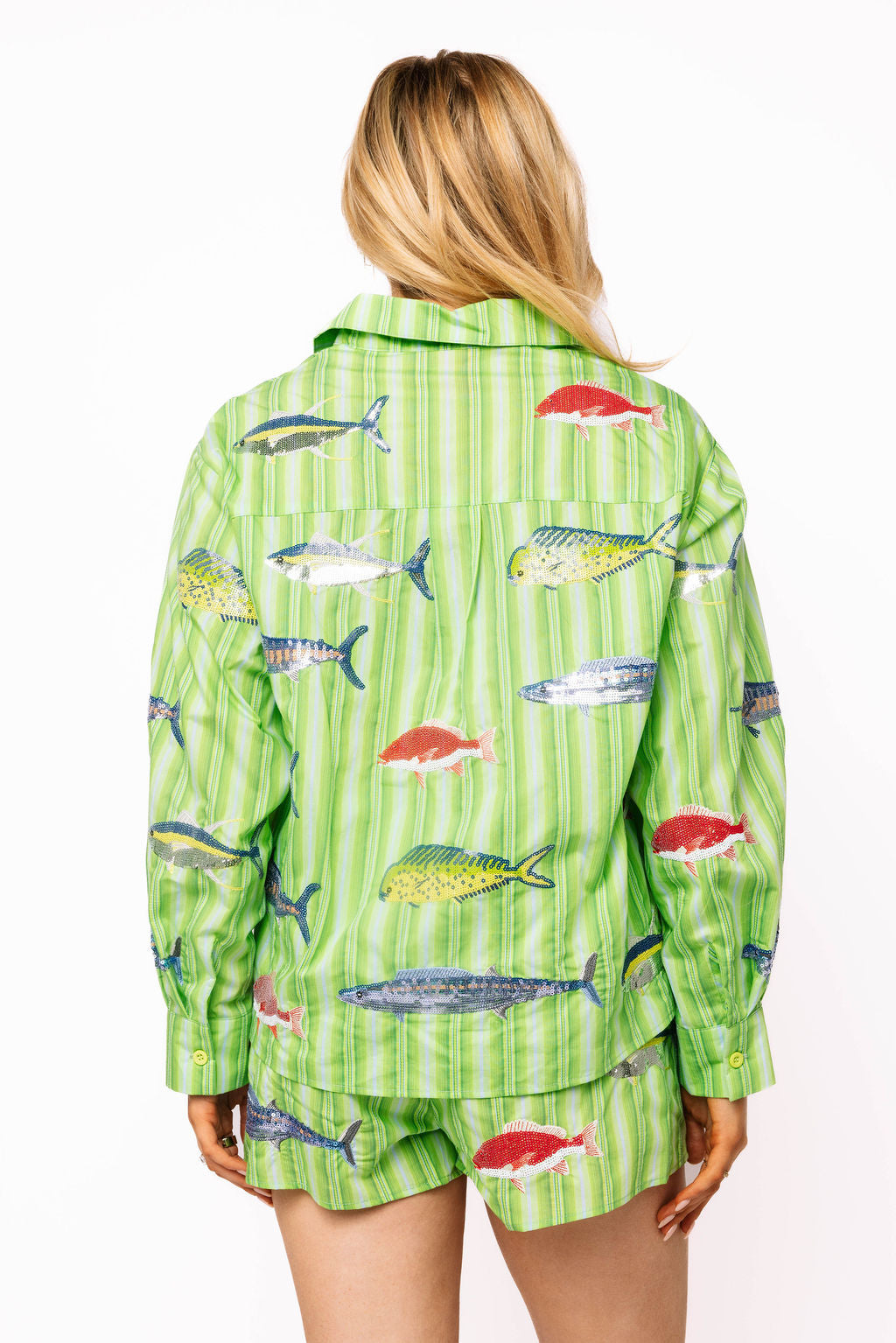 Green Striped Multi Fish Button Up Top