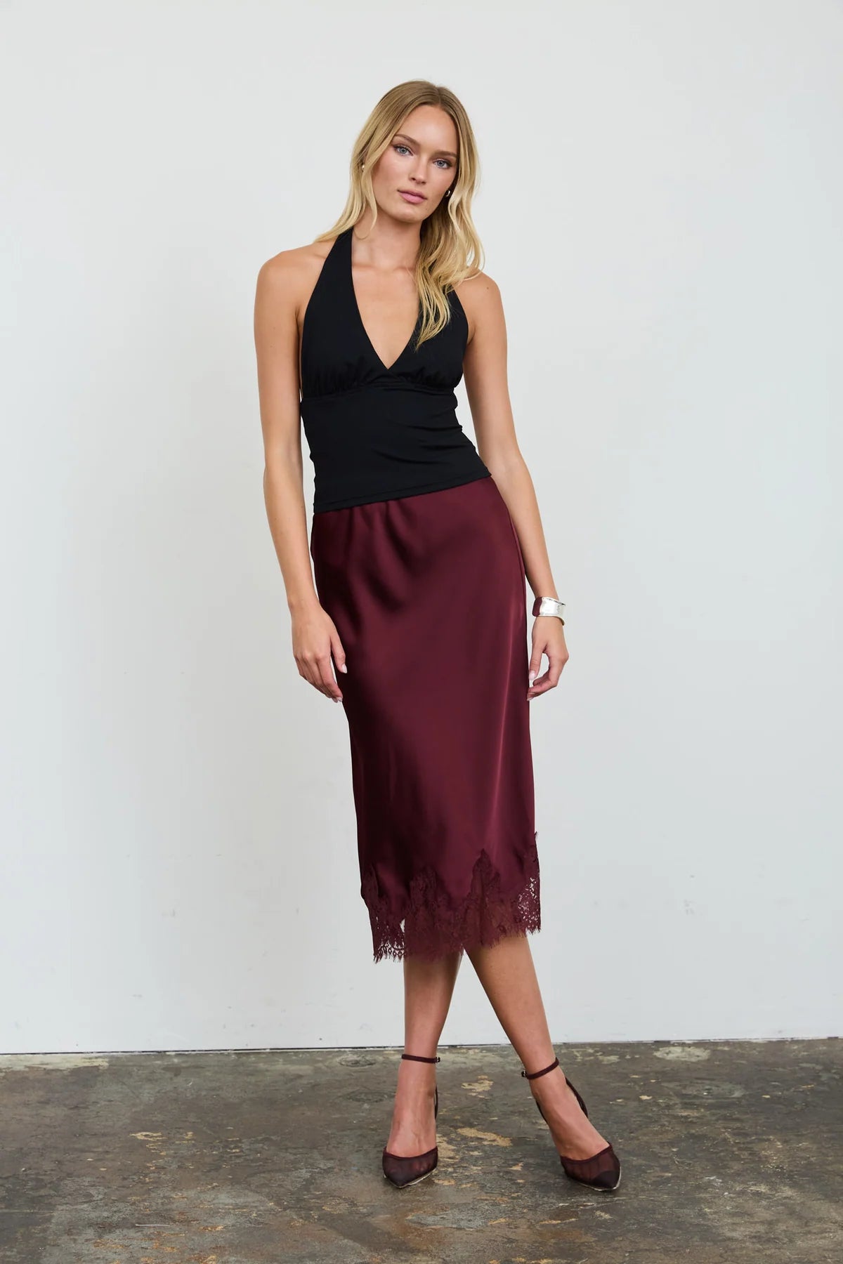 Burgundy Satin Scalloped Lace Trim Midi Skirt