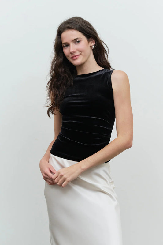 Ruched Velvet Tank in Black