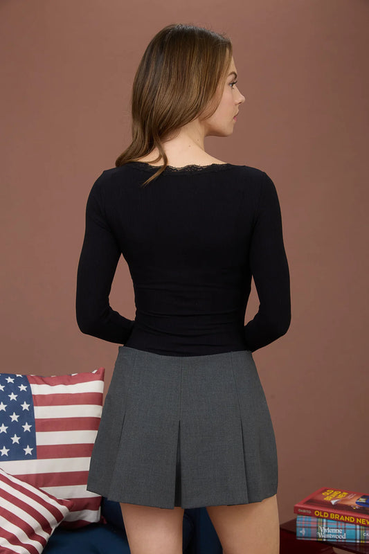 Lace Trim Button Detail Long Sleeve Top